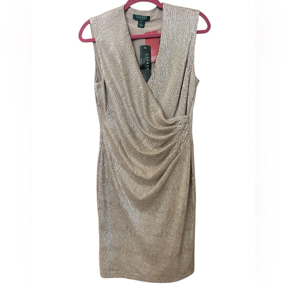 Lauren Ralph Lauren Gold Faux Wrap Sleeveless Dress Size 12P - Picture 1 of 7